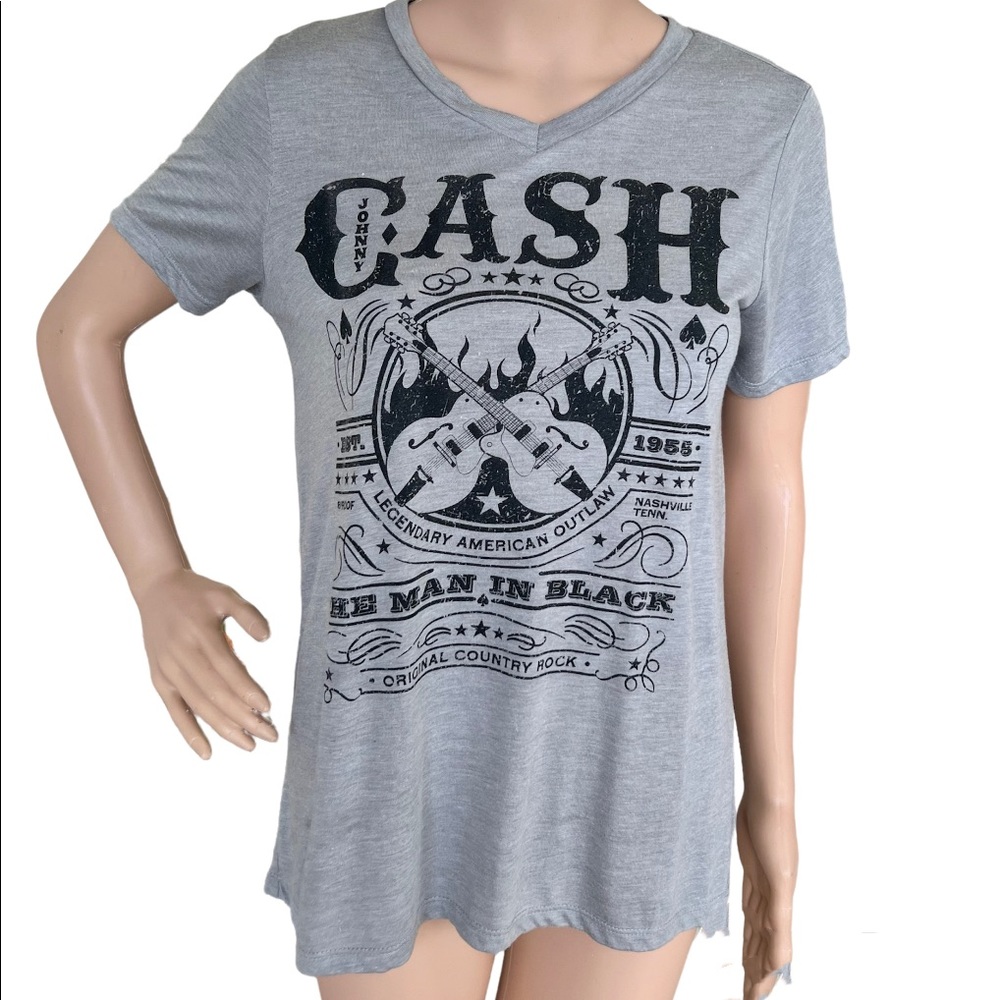 Johnny Cash Gray Short Sleeve Guitar Graphic T Shirt - Picture 1 of 3
